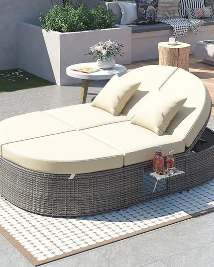 Outdoor DayBed Patio 2-Person Rattan Sun Bed Reclining Chaise Lounge with Adjustable Backrests, Foldable Cup Trays and Pillows, for Lawn,Poolside, Beige - LeafyLoom