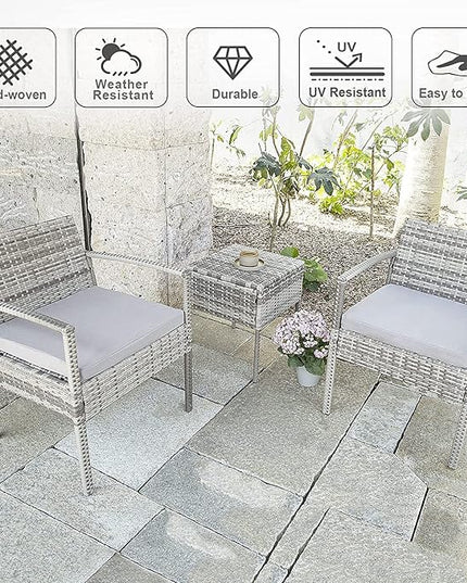 3 Pieces Patio Furniture Set, Balcony Furniture, Patio Bistro Set All-Weather Wicker Chairs Conversation Set with Cushions Table for Outdoor Backyard Porch Lawn (Grey-Grey) - LeafyLoom