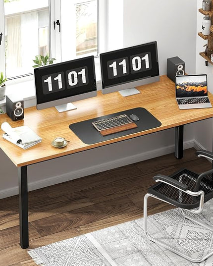 Need 63 Inch Large Computer Desk - Modern Simple Style Home Office Gaming Desk, Basic Writing Table for Study Student, Black Metal Frame, Teak - LeafyLoom