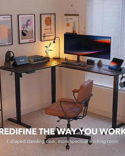 FEZIBO 63" L Shaped Standing Desk Height Adjustable, Electric Stand up Corner Desk, Sit Stand Home Office Desk with Splice Board, Black Frame/Black Walnut Top - LeafyLoom