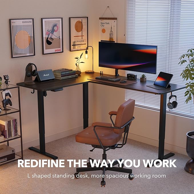 FEZIBO 63" L Shaped Standing Desk Height Adjustable, Electric Stand up Corner Desk, Sit Stand Home Office Desk with Splice Board, Black Frame/Black Walnut Top - LeafyLoom
