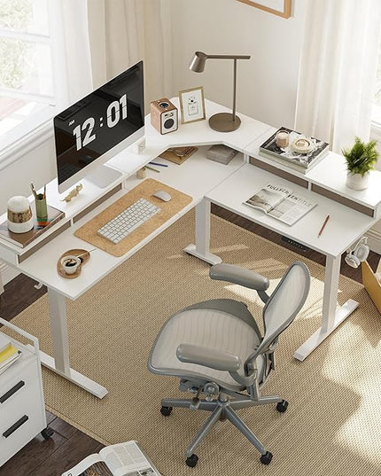 FEZIBO 63" L Shaped Standing Desk with 4 Drawers, Electric Standing Gaming Desk Adjustable Height, Corner Stand up Desk with Splice Board, White Frame/White Top - LeafyLoom