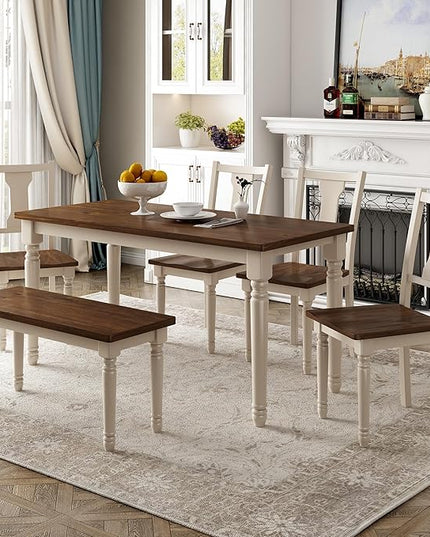 6-Piece Classic Dinette Sets Rectangular Wooden Kitchen Dining Table, 4 Chairs & Bench, for Diningroom Living Room, Easy to Assemble, Brown+Cottage White - LeafyLoom