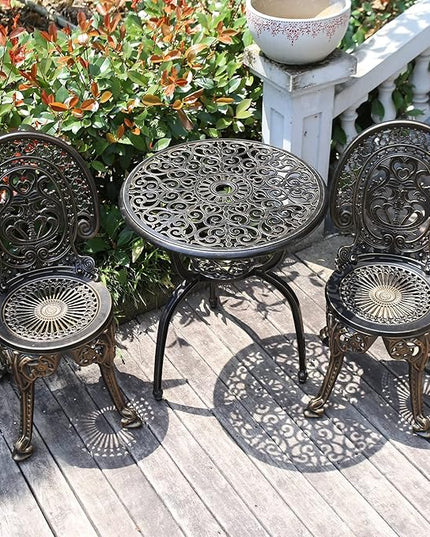 Patio Bistro Set.Rust-Resistant Cast Aluminum Bistro Table Set with Umbrella Hole for Backyard (Crown Copper) - LeafyLoom