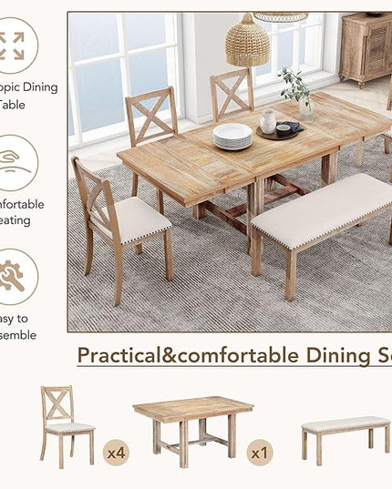 6-Piece Wood 82inch Extendable Dining Table Set with Two 11" Removable Leaves, 4 Upholstered Chairs and Bench, Farmhouse Style, Natural, 60"-82" L x 36" W x 30" H - LeafyLoom