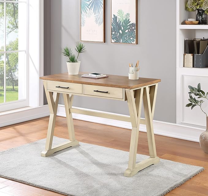OSP Home Furnishings Jericho Rustic 42 Inch Writing Desk with 2 Drawers and Burnished Decorative Hardware, Antique White - LeafyLoom