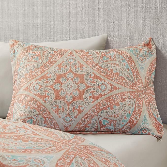 Comfort Spaces Bed in A Bag - Trendy Casual Design Cozy Comforter with Complete Sheet Set with Side Pocket, All Season Cover, Matching Shams, King(104"x90"), Gloria, Damask Coral 9 Piece - LeafyLoom