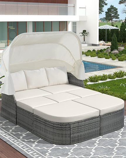Rectangle Furniture Daybed Sunbed with Retractable Canopy, Outdoor Wicker Conversation Set with Cushions for Patio, Backyard, Porch, Garden, Hb-Beige - LeafyLoom