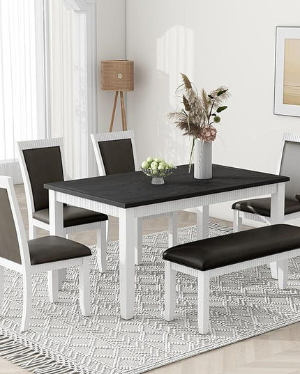 6-Piece Wood Dining Table Set with 4 Upholstered Chairs and Bench, for Kitchen Living Room, Farmhouse Rustic Style, 60" L x 36" W x 30" H, White+Gray(PU Leather) - LeafyLoom