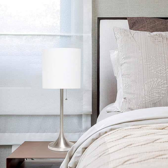 Simple Designs LT1076-BNW Tapered Fabric Drum Shade Table Lamp, Brushed Nickel and White - LeafyLoom