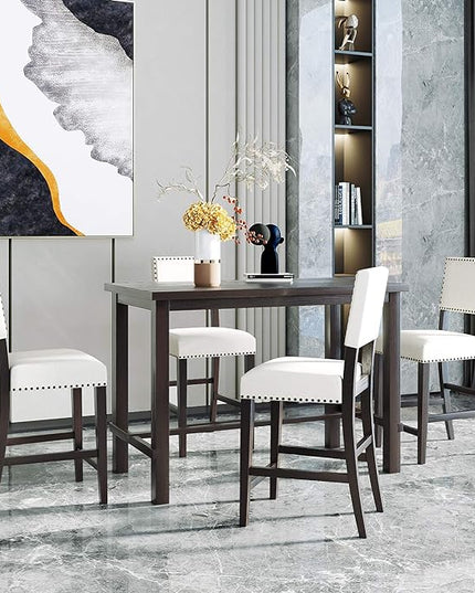 Kitchen 5-Piece Counter Height Dining Set, Classic Elegant Table and 4 Chairs in Espresso and Beige - LeafyLoom