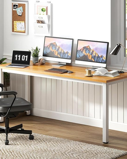 Need 63 Inch Large Computer Desk - Modern Simple Style Home Office Gaming Desk, Basic Writing Table for Study Student, White Metal Frame, Teak - LeafyLoom