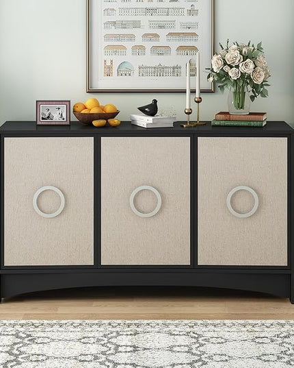58.2“ Curved Design Storage Cabinet with Linen Material and Metal Round Handle Door,Wooden Console Table,W/Adjustable Shelves,Suitable for Corridors,Entrances,Living Rooms,Study,Beige - LeafyLoom