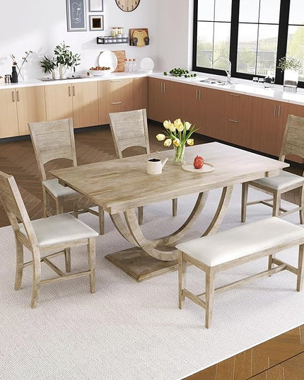 6-Piece Wood Rectangular Dining Table Set with Half Round Legs, 4 Upholstered Chairs and Bench, for Kitchen Living Room, Modern Style, Natural+Beige, 59.1" L x 35.4" W x 29.5" H - LeafyLoom