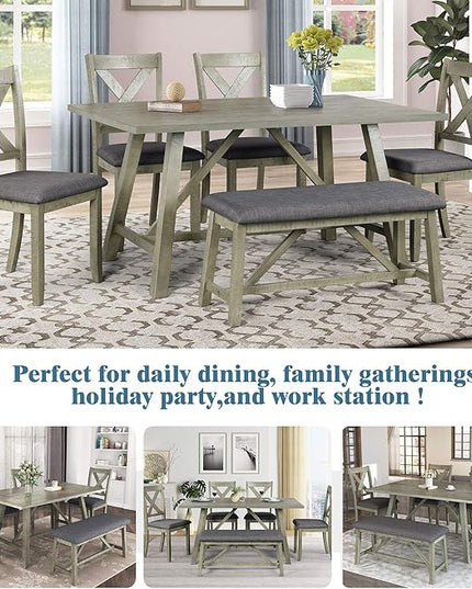 6-Piece Rustic Style Wood Dining Table Set with Bench and 4 X-Back Cushion Chairs for Kitchen Dinette Room, Gray, 1 - LeafyLoom