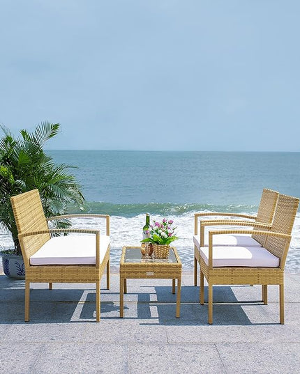 SAFAVIEH Outdoor Collection Bassey Natural/White Cushion 4-Piece Conversation Patio Set PAT7507D - LeafyLoom