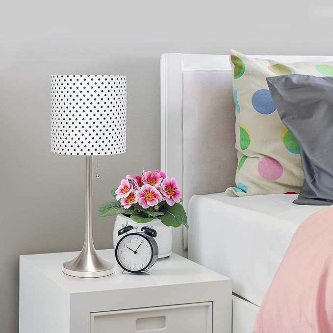 Simple Designs LT1076-BND Tapered Fabric Drum Shade Table Lamp, Brushed Nickel and Polka Dot - LeafyLoom