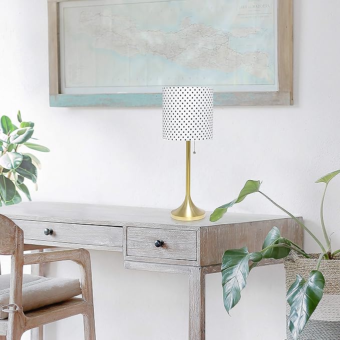 Simple Designs LT1076-GDD Tapered Fabric Drum Shade Table Lamp, Gold and Polka Dot - LeafyLoom