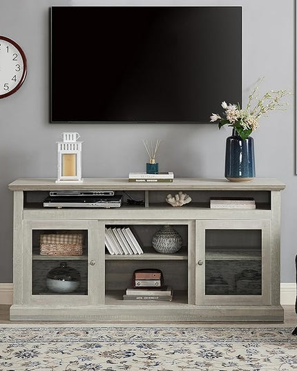 65" Farmhouse Cabinet for 65 Inch TV, Mid Century Modern Media Table Stand with Glass Door, 59'' Entertainment Center with Storage, Rustic Television Consoles for Living Room, Gray Wash - LeafyLoom