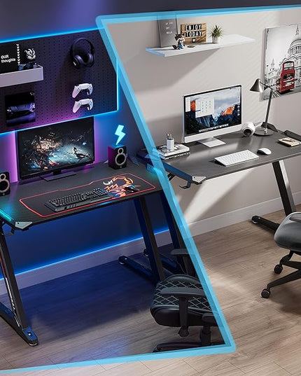 EUREKA ERGONOMIC Z1-S Pro Gaming Desk 44.5" Z Shaped Home Office PC Computer Desks Gamer Tables with LED Lights Controller Stand Cup Holder Headphone Hook Free Mousepad for Men Boyfriend Female Gift - LeafyLoom