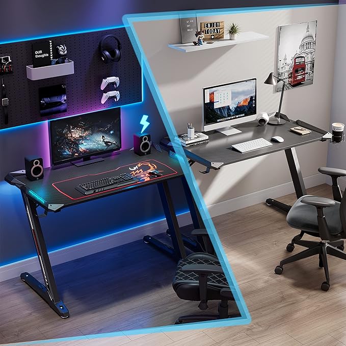 EUREKA ERGONOMIC Z1-S Pro Gaming Desk 44.5" Z Shaped Home Office PC Computer Desks Gamer Tables with LED Lights Controller Stand Cup Holder Headphone Hook Free Mousepad for Men Boyfriend Female Gift - LeafyLoom
