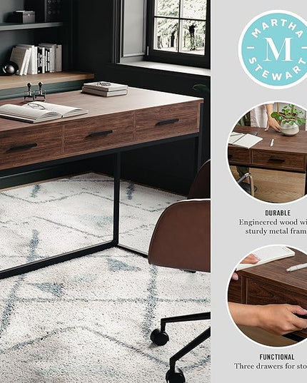 Martha Stewart Ollie Home Office Desk with 3 Drawers in Walnut Wood Grain with Oil Rubbed Bronze Hardware - LeafyLoom