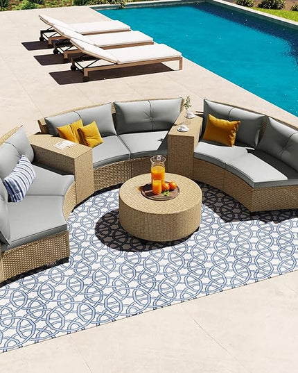 9 Pieces Outdoor Furniture Half Moon Wicker Patio Sets with Coffee Table, All-Weather Fan-Shaped Curved Sectional Sofa Couch with Gray Cushions, Onesize, Brown Rattan - LeafyLoom