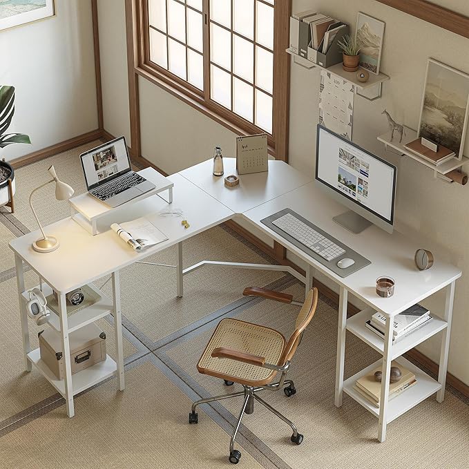 BANTI L Shaped Desk with Shleves, 58 inch Large Corner Desk with Two Storage, Space Saving, Easy to Assemble, White - LeafyLoom