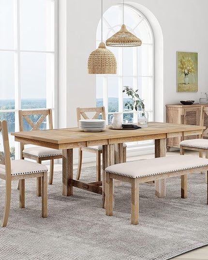 6-Piece Wood 82inch Extendable Dining Table Set with Two 11" Removable Leaves, 4 Upholstered Chairs and Bench, Farmhouse Style, Natural, 60"-82" L x 36" W x 30" H - LeafyLoom
