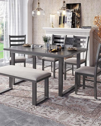 6-Piece Farmhouse Wooden Kitchen Dining Table Set with 4 Upholstered Chairs and Bench for Family Furniture, 2, Gray 4 - LeafyLoom