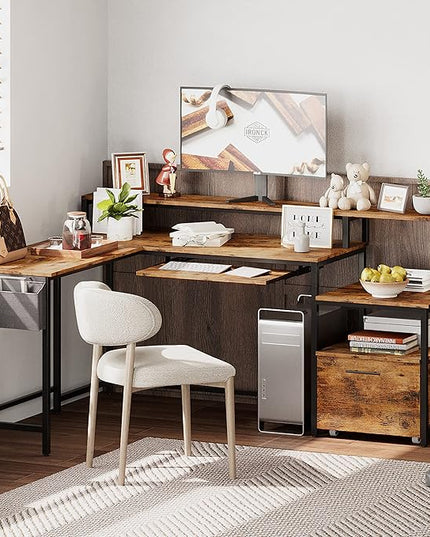 IRONCK L Shaped Computer Desk, 66" Corner Desk with Power Outlet, File Drawer, Keyboard Tray, Riser Monitor Shelf and Storage Bag, Study Writing Table Workstation for Home Office, Vintage Brown - LeafyLoom