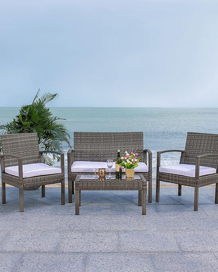 SAFAVIEH Outdoor Collection Bassey Grey Brown/White Cushion 4-Piece Conversation Patio Set PAT7507C - LeafyLoom