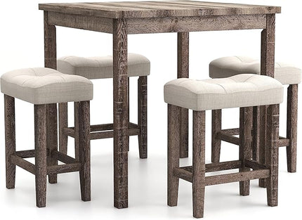 Furniture of America Colt Transitional Solid Wood 5-Piece Counter Height Set, Includes Square Table and 4 Beige Upholstered Stools for Kitchen, Dining Room, Gray - LeafyLoom