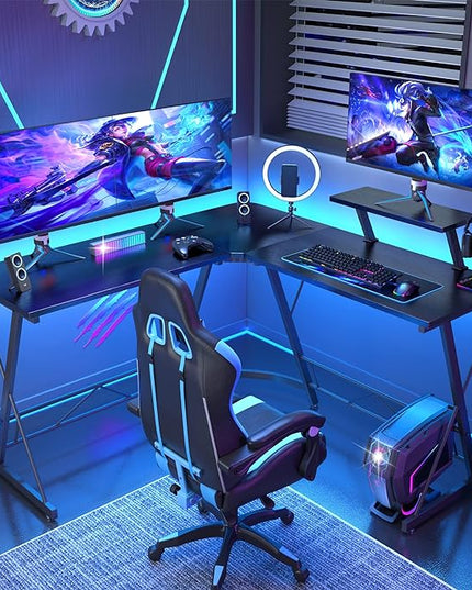 Mr IRONSTONE L Shaped Gaming Desk Corner Computer Desk, Home Office Desks Writing Workstation with Large Monitor Stand, Easy to Assemble (Black,51 Inch) - LeafyLoom