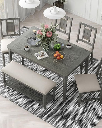 6-Piece Retro Dining Set, Minimalist Rectangular Table and 4 Upholstered Chairs & 1 Bench with a Shelf for Kitchen Living Room, Dark Gray, 60" L x 43" W x 30" H - LeafyLoom