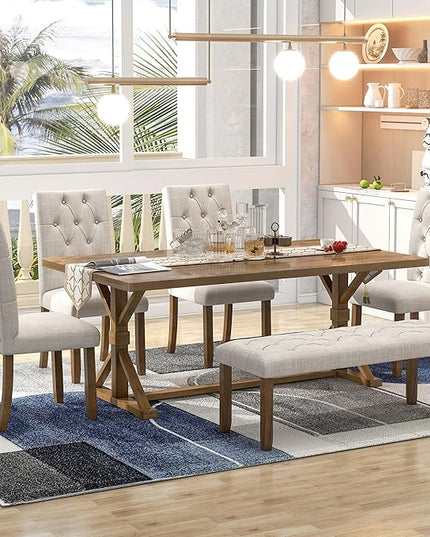 6-Piece Farmhouse Rectangular 72" Wood Dining Table Set with 4 Upholstered Chairs and a Bench, Easy to Assemble, for Kitchen, Home Bar & Living Room, Walnut+Beige - LeafyLoom