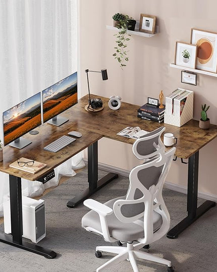 L-Shaped Electric Standing Desk, 63 x 48 Inches Height Adjustable Coner Table, Home Office Computer Workstation, Rustic Brown, 63 x 48 Inch - LeafyLoom