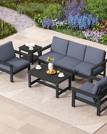 SERWALL HDPE Patio Coversation Set, 7-piece Outdoor Sectional Sofa Set, All Weather Patio Couch Set Patio Furniture for Balcony, Deck, Black Frame with Grey Cushion - LeafyLoom