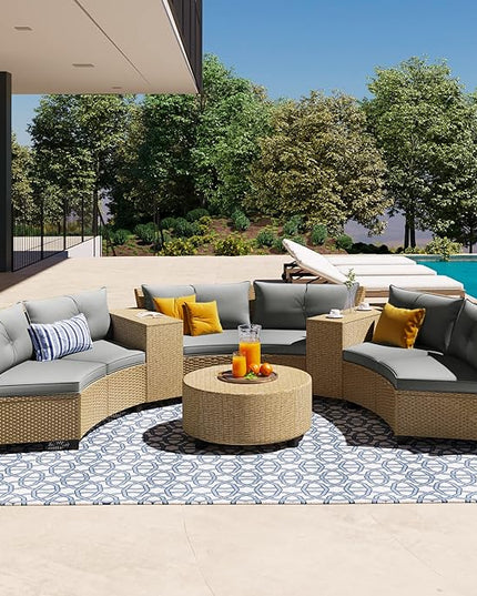 9 Pieces Outdoor Furniture Half Moon Wicker Patio Sets with Coffee Table, All-Weather Fan-Shaped Curved Sectional Sofa Couch with Gray Cushions, Onesize, Brown Rattan - LeafyLoom