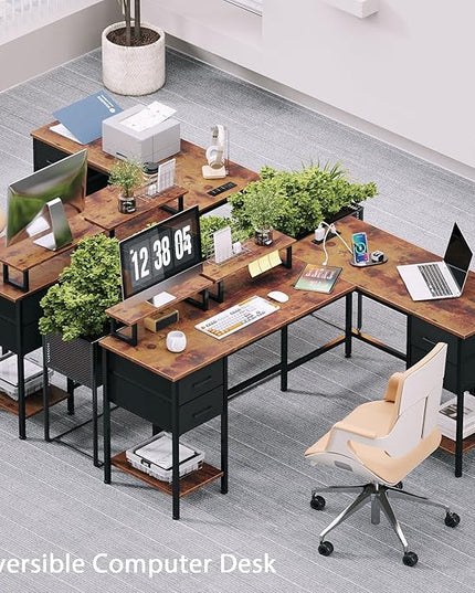 L Shaped Computer Desk with Power Outlets, 59 inch Reversible Home Office Desk with Storage Shelves & 2 Monitor Stands, Gaming Desk with 4 Fabric Drawers for Bedroom, Rustic Brown - LeafyLoom