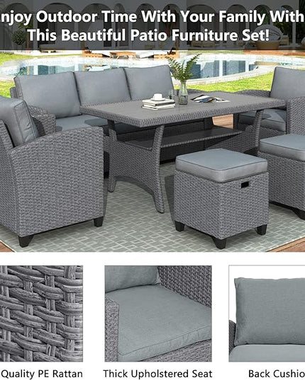 6-Piece Patio Furniture Set with Dining Table, Outdoor Garden Sectional Sofa, All-Weather Wicker Conversation Couch with Chairs, Stools and Cushions, Onesize, Gray Rattan - LeafyLoom