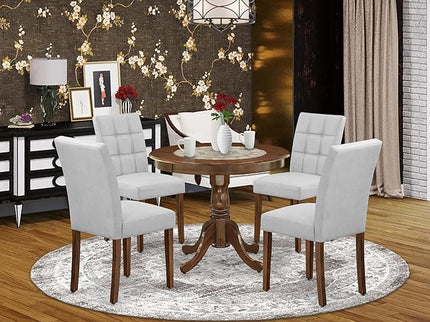 East West Furniture ANAS5-AWA-27 5 Piece Mid Century Dining Set Includes A Dinner Table and 4 Light Gray Faux Leather Parsons Chairs, Antique Walnut, 36x36 Inch - LeafyLoom