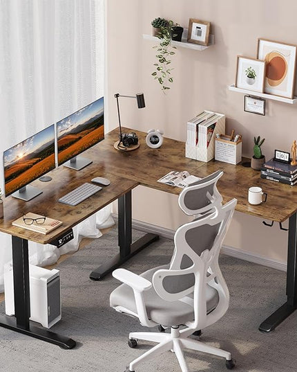 L-Shaped Electric Standing Desk, 63 x 55 Inches Height Adjustable Coner Table, Home Office Computer Workstation, Rustic Brown, 63 x 55 Inch - LeafyLoom
