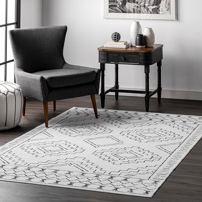 nuLOOM Noa Machine Washable Tribal Moroccan Ultra Thin Area Rug, 4x6, Ivory - LeafyLoom