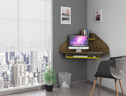 Manhattan Comfort Bradley Mid Century Modern Home Office Floating Corner Desk with Keyboard Shelf, 43.98", Rustic Brown/Yellow - LeafyLoom