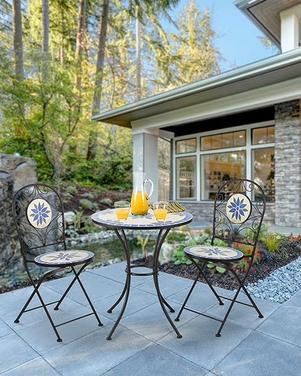 Alpine Corporation Blue and Beige Mosaic Bistro Set, 3-Piece - LeafyLoom