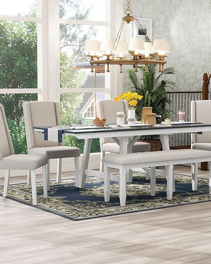RITSU Farmhouse 6-Piece Dining Set, Included Solid Wood Rectangular Extendable Table with Two 12" W Removable Leaves and 4 Upholstered Chairs & Bench, Kitchen Dinette Furniture, Gray+White - LeafyLoom