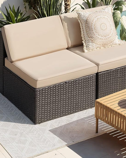 Greesum 2 Piece Patio Conversation Set Wicker Rattan Furniture Outdoor Sofa with Cushions,Pillows and Glass Table for Porch,Lawn and Yard, Beige - LeafyLoom