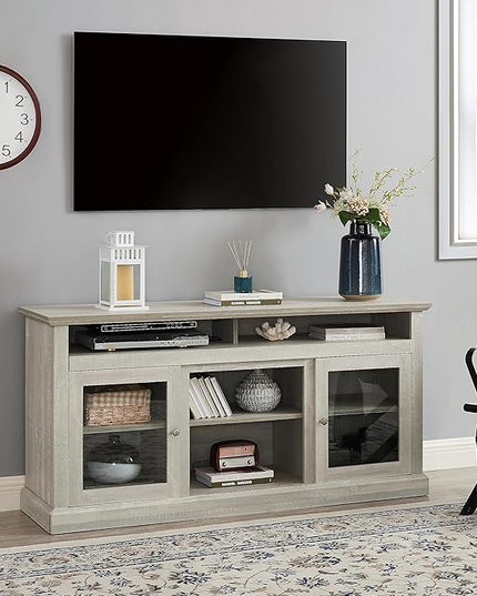 65" Farmhouse Cabinet for 65 Inch TV, Mid Century Modern Media Table Stand with Glass Door, 59'' Entertainment Center with Storage, Rustic Television Consoles for Living Room, Gray Wash - LeafyLoom