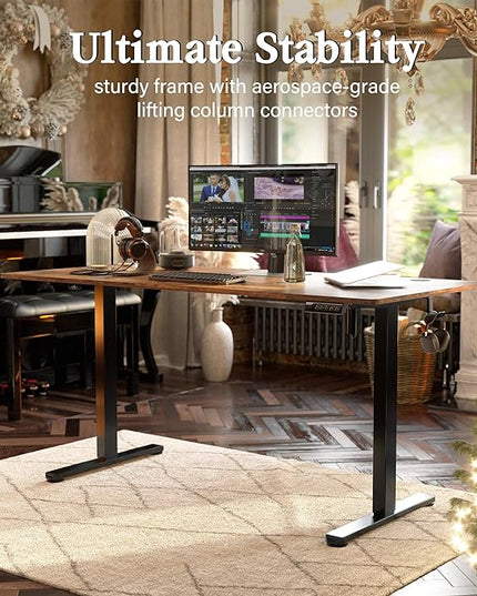 Monomi Electric Standing Desk, 63 x 28 inches Height Adjustable Desk, Ergonomic Home Office Sit Stand Up Desk with Memory Preset Controller (Rustic Brown Top/Black Frame) - LeafyLoom